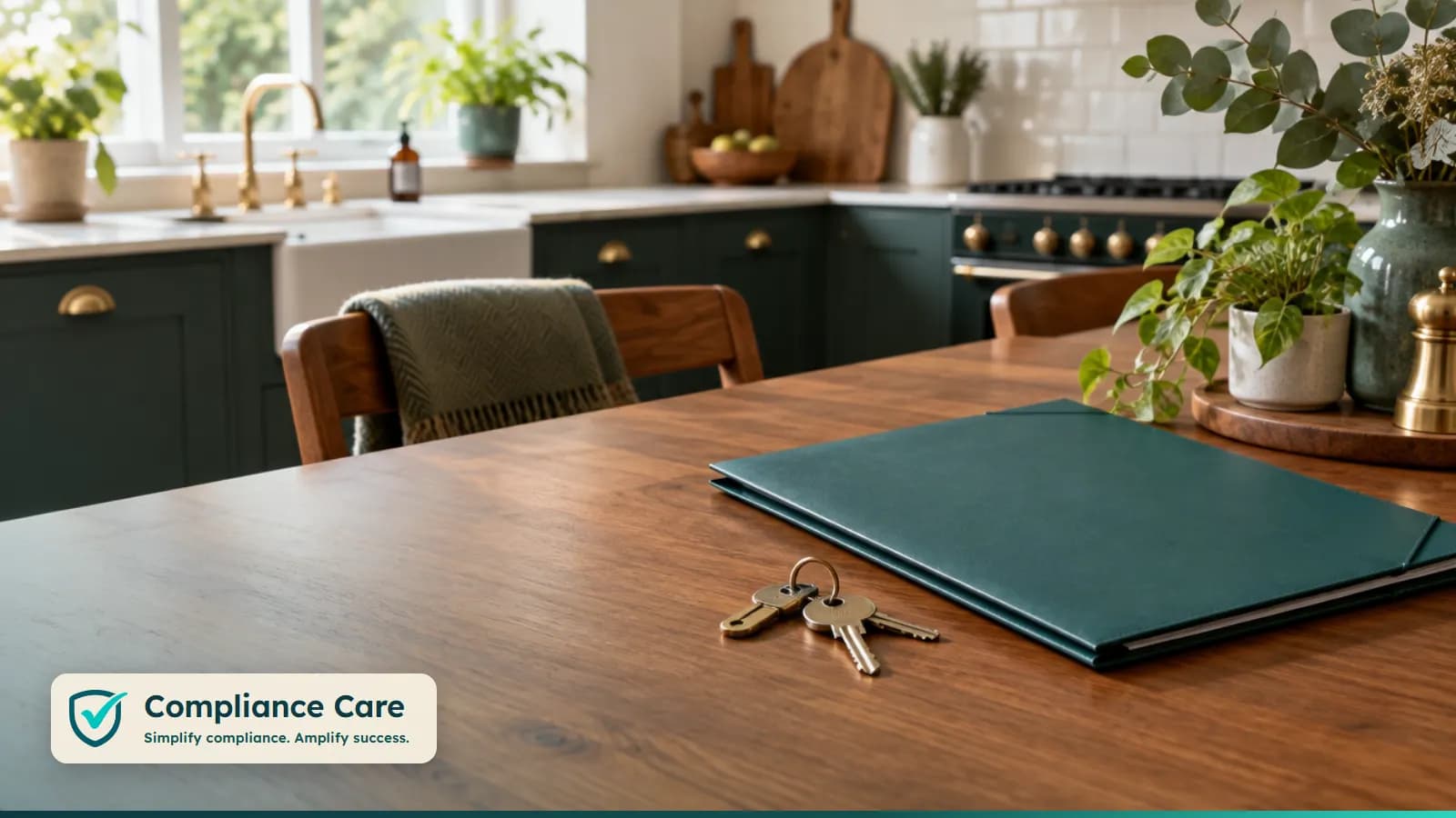 House keys and a document folder on a kitchen table in a shared home
