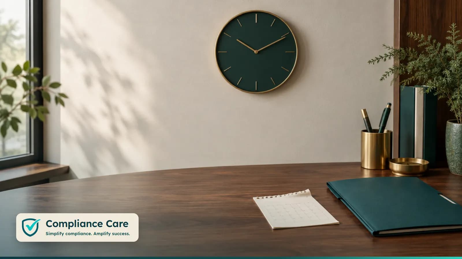 A wall clock above a desk with a calendar page and a folder