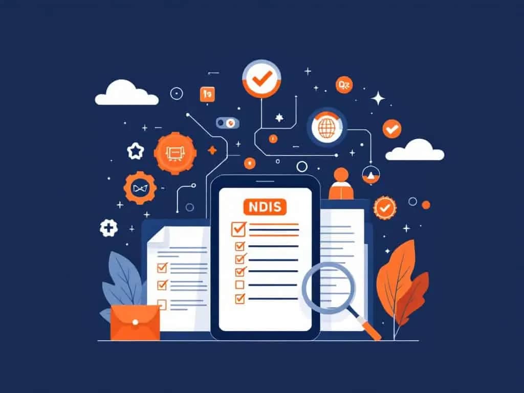 Illustration of an NDIS compliance checklist on a phone, surrounded by documents and a magnifying glass