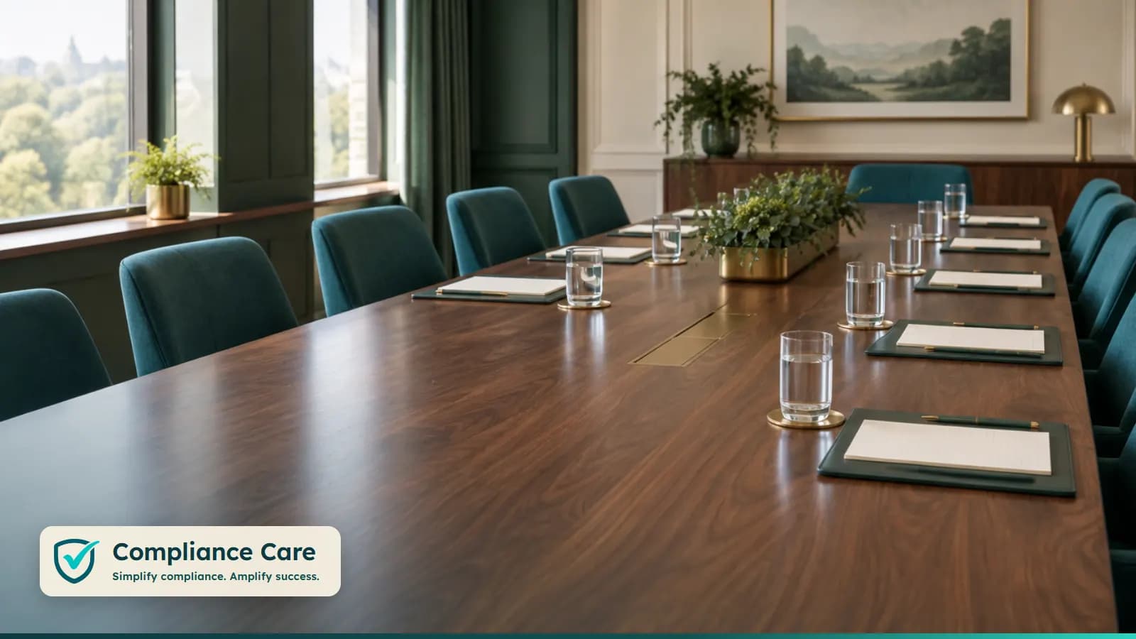 An empty boardroom set with agenda papers and water glasses