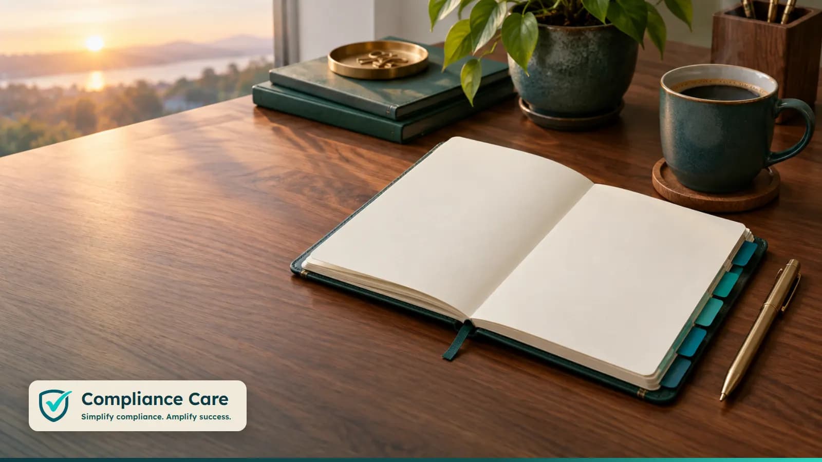 A new planner open to a blank page with a pen and coffee