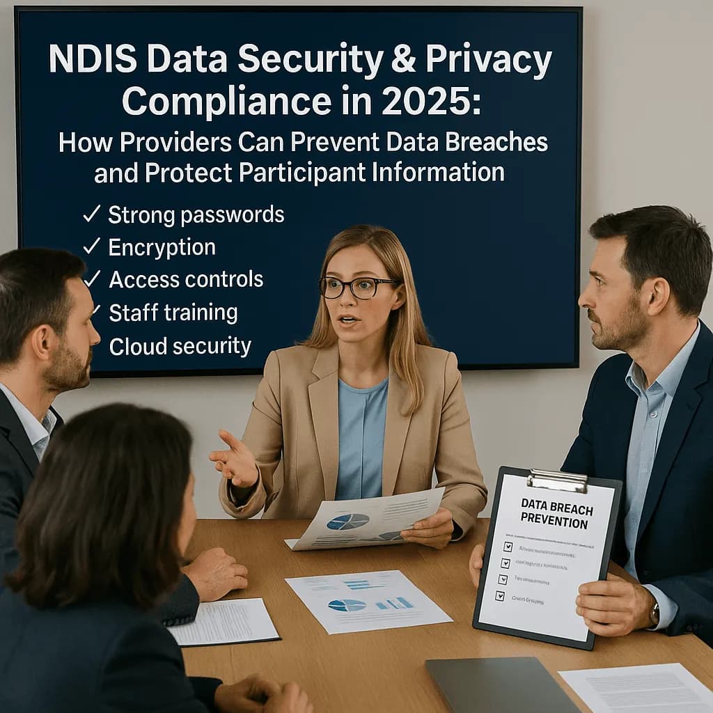 Team meeting in front of a screen listing data security measures: strong passwords, encryption, access controls, staff training and cloud security