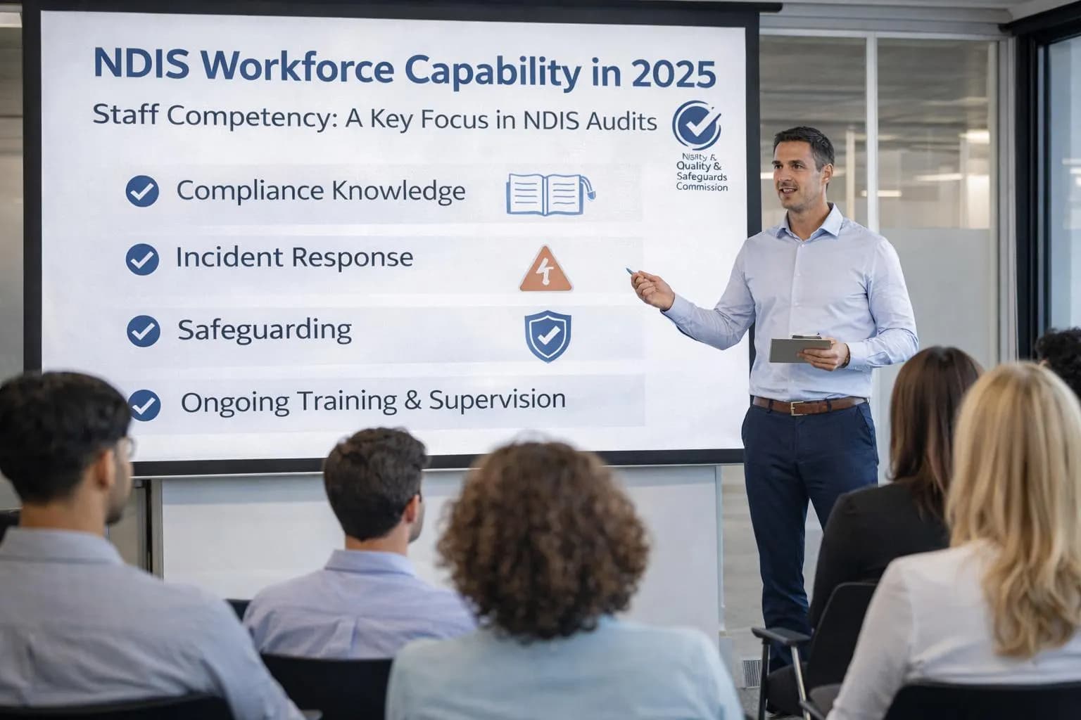 Presenter taking staff through workforce capability: compliance knowledge, incident response, safeguarding and ongoing training