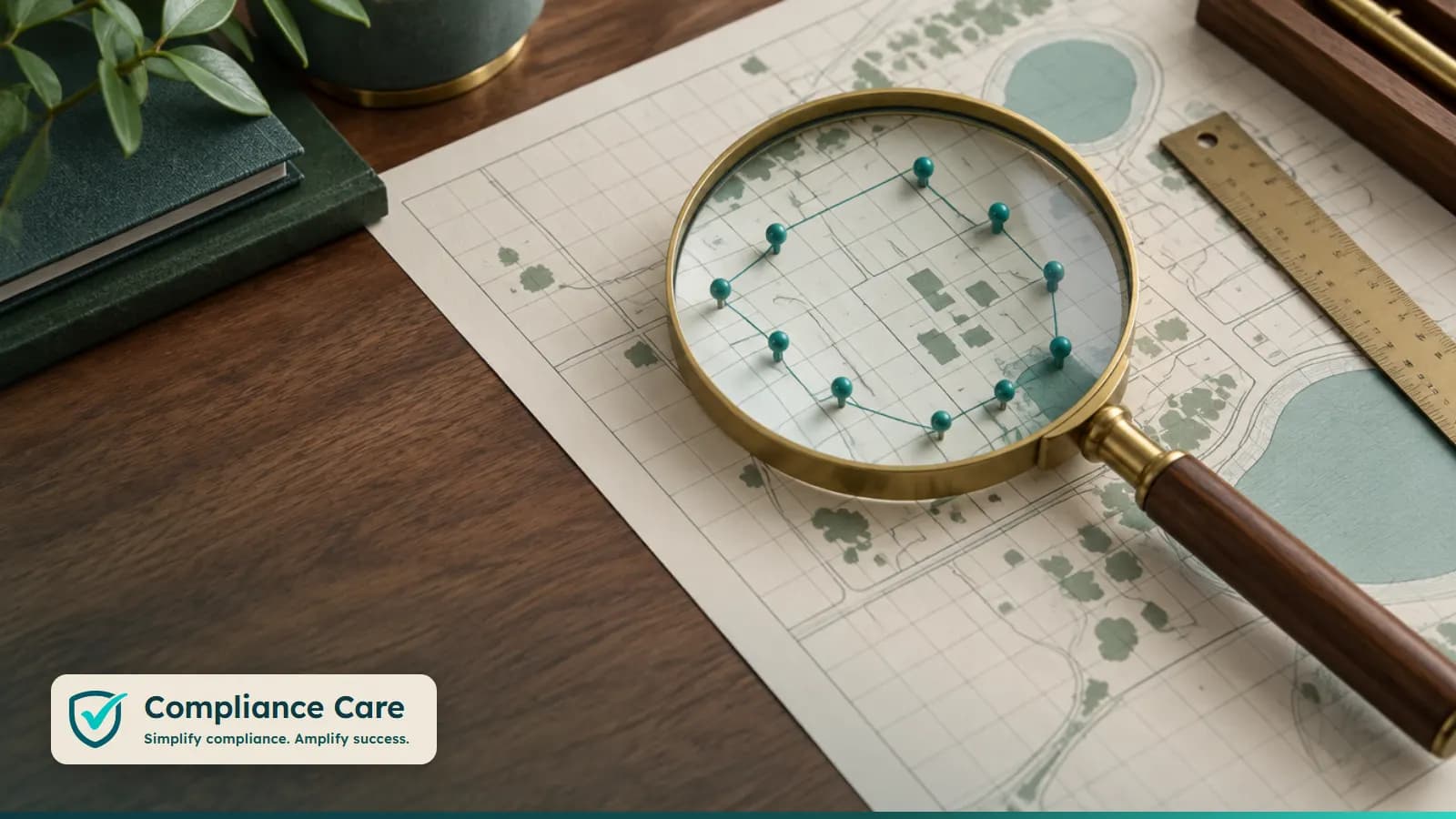 A magnifying glass over a grid diagram with pins marking an area