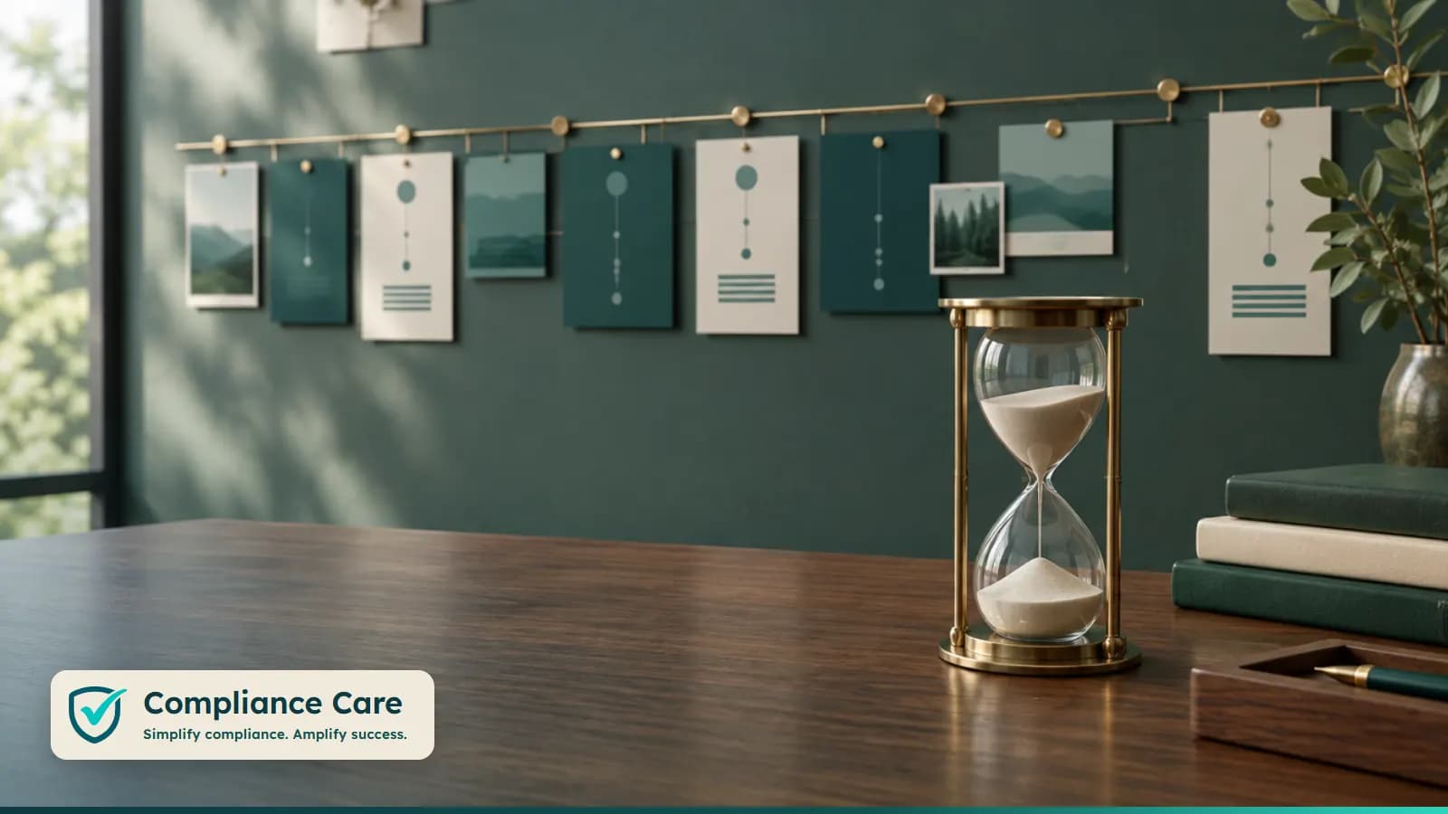 An hourglass in front of a pinned timeline of cards