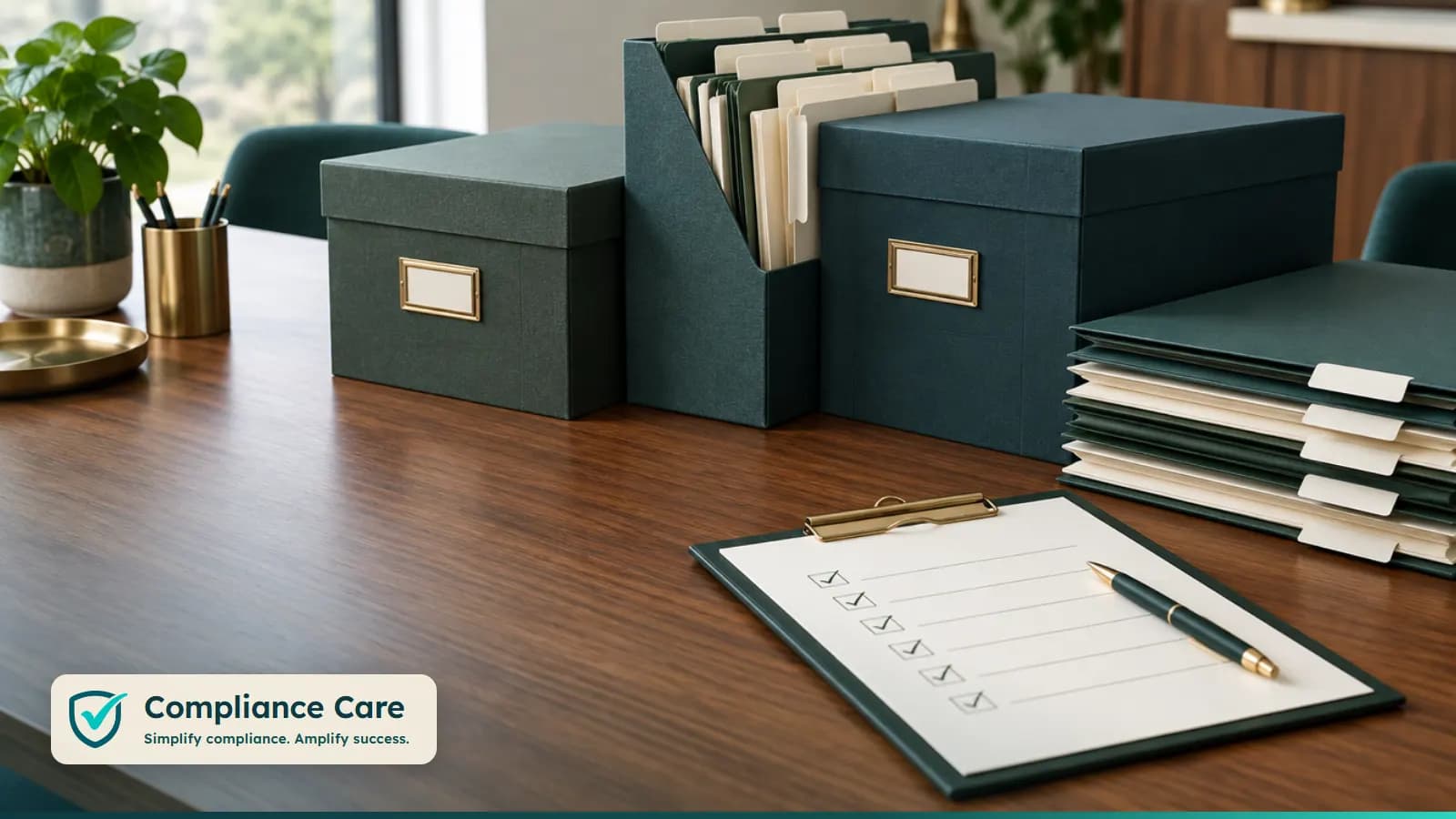 Organised evidence folders and a ticked checklist on a meeting table