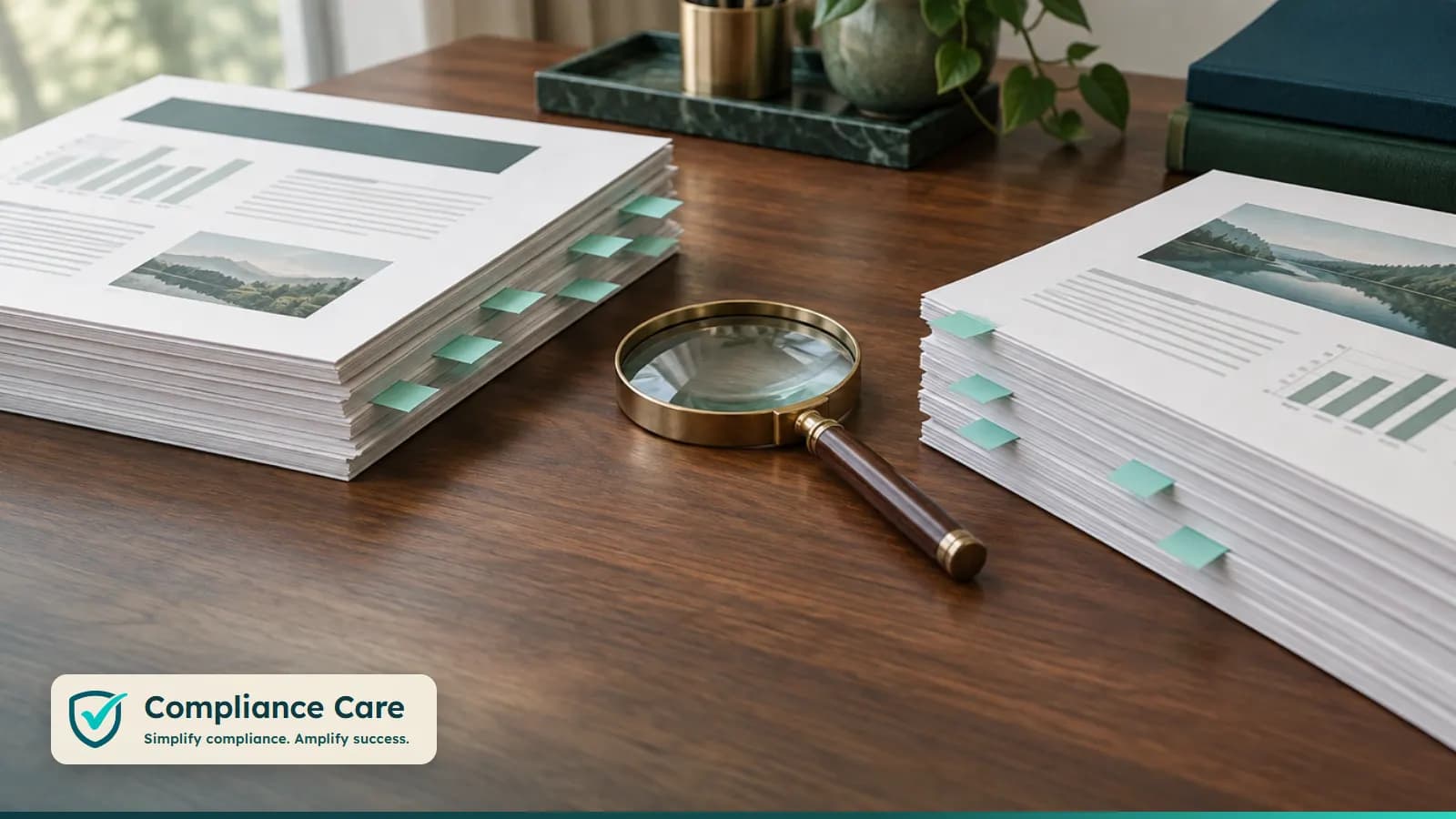 Two document stacks compared side by side with a magnifying glass and page flags