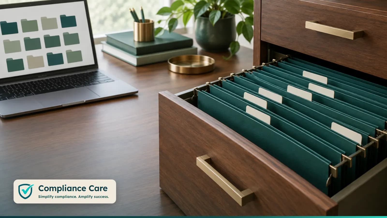 An open filing drawer of teal hanging folders beside a laptop