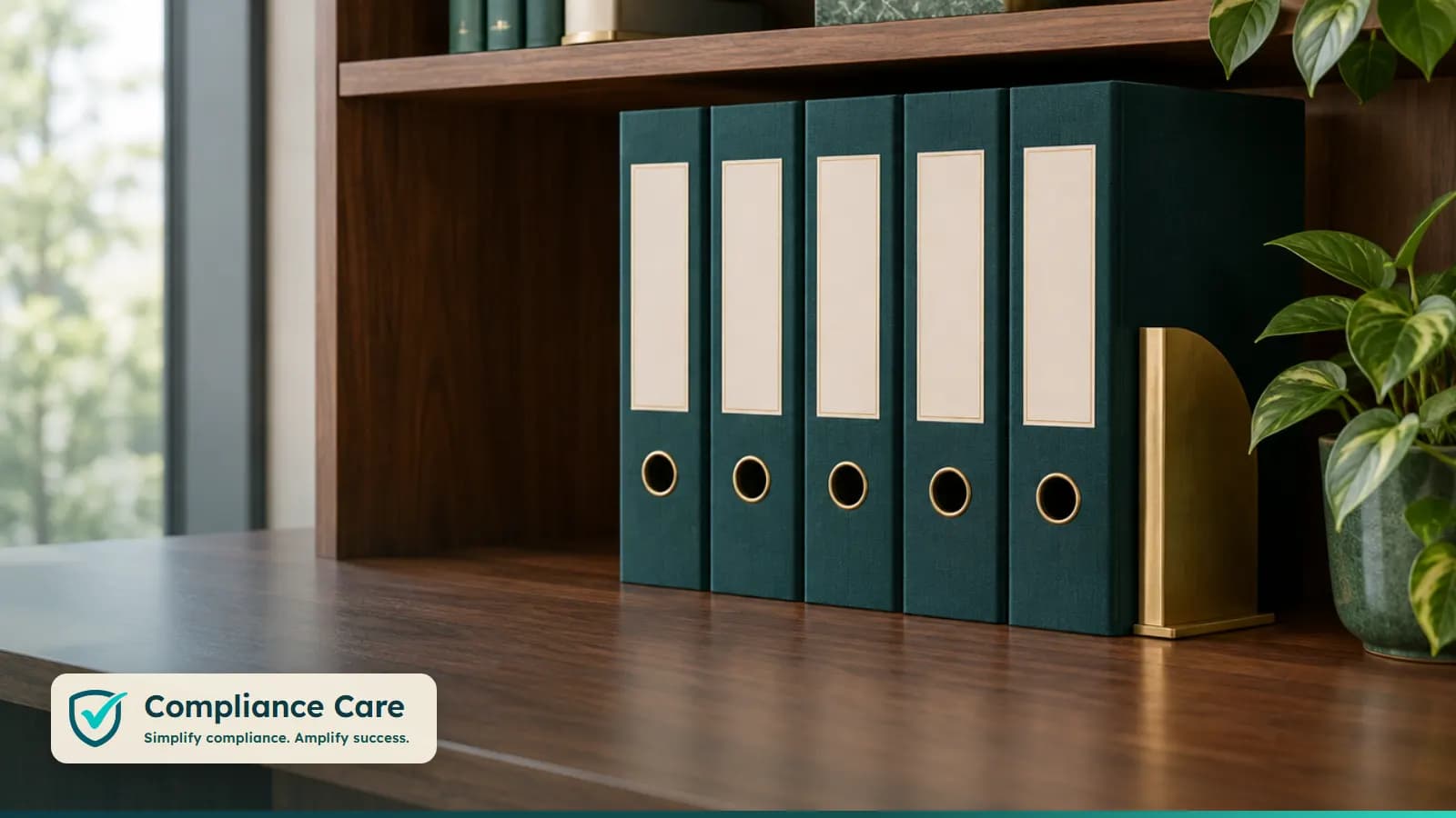 A row of matching teal policy binders on an office shelf