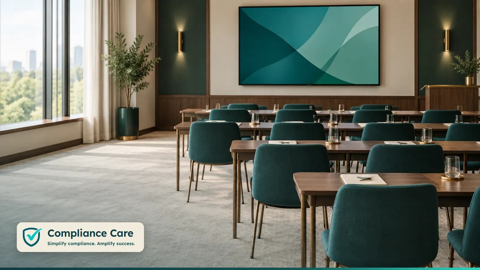 An empty training room with rows of chairs and a presentation screen