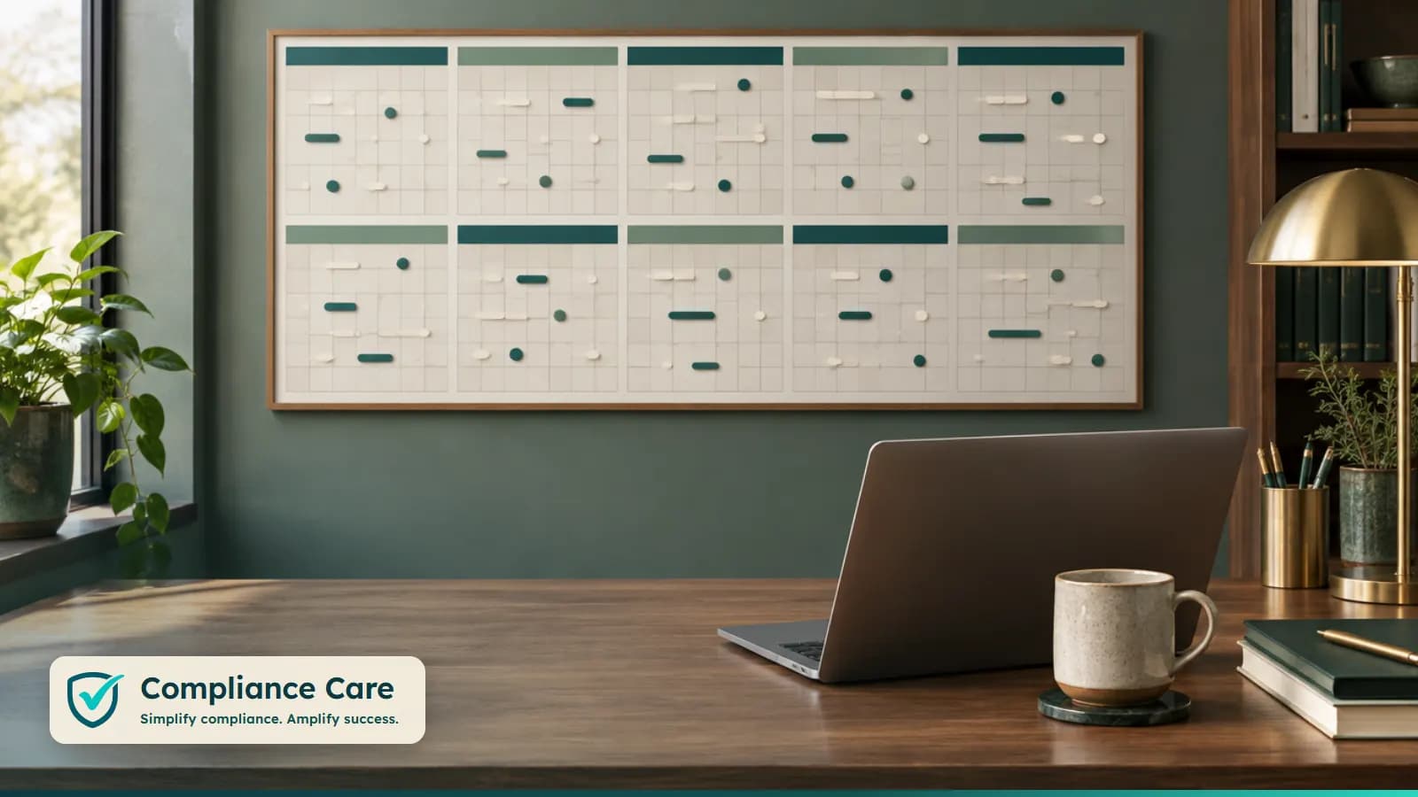 A wall planner with recurring review markers above a tidy desk with a laptop