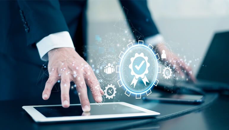 Business professional interacting with tablet, surrounded by digital icons representing compliance, quality assurance, and NDIS services.