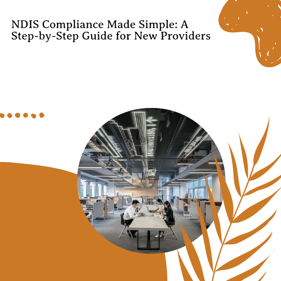 NDIS compliance guide featuring a collaborative workspace with individuals discussing, emphasizing support for new providers navigating compliance requirements.
