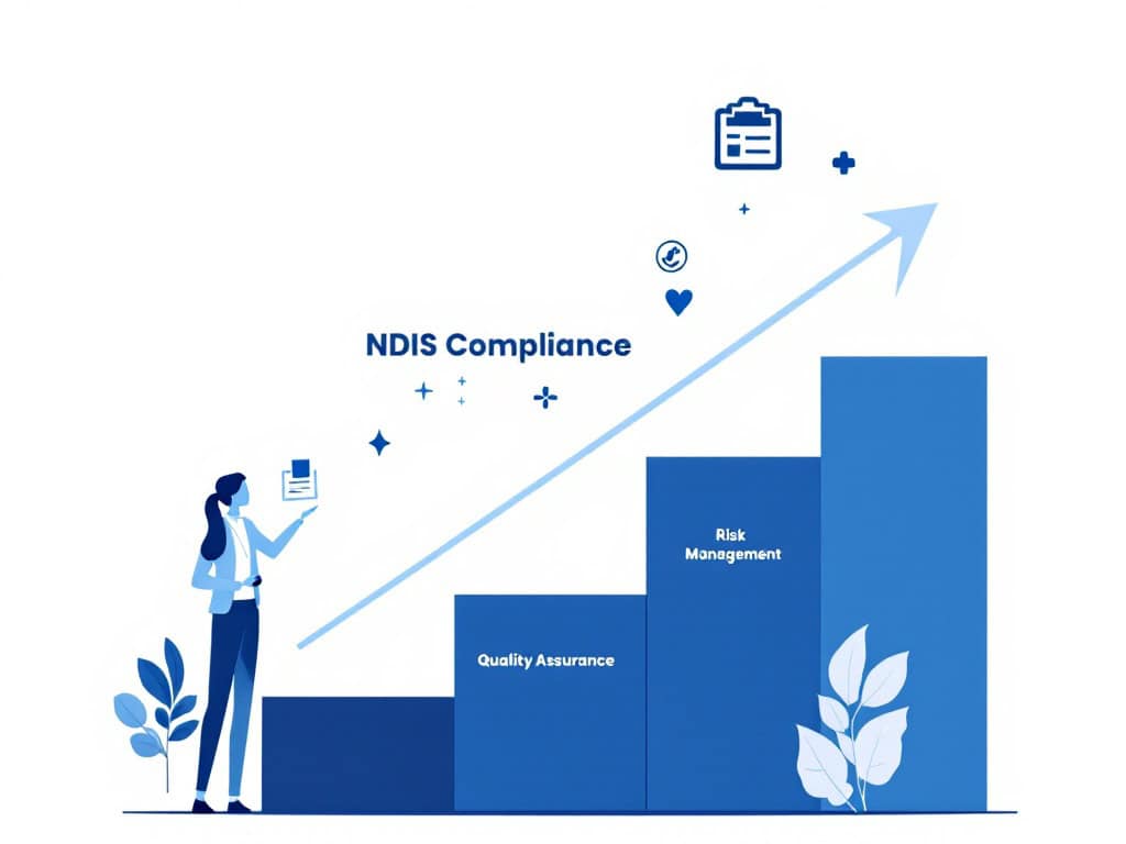 Illustration of a woman holding a document, with an upward graph labeled "NDIS Compliance," highlighting key areas such as "Quality Assurance" and "Risk Management," symbolizing growth and compliance strategies in the NDIS sector.
