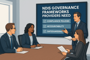 “NDIS governance frameworks in 2025 – provider leaders and managers in a boardroom reviewing compliance policies, accountability structures, and safeguarding strategies.”