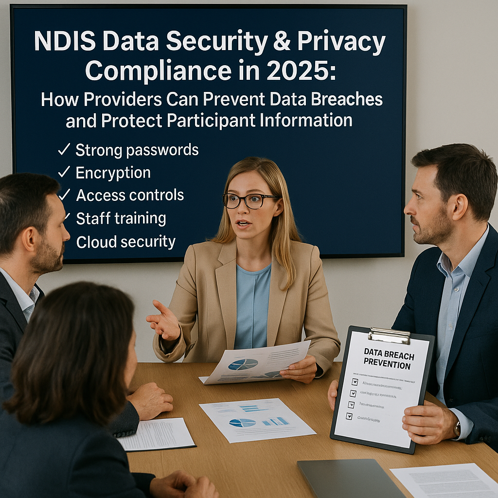 &ldquo;NDIS providers attending a professional data security and privacy compliance session in 2025, with a presenter explaining safeguarding standards and participant information protection.&rdquo;