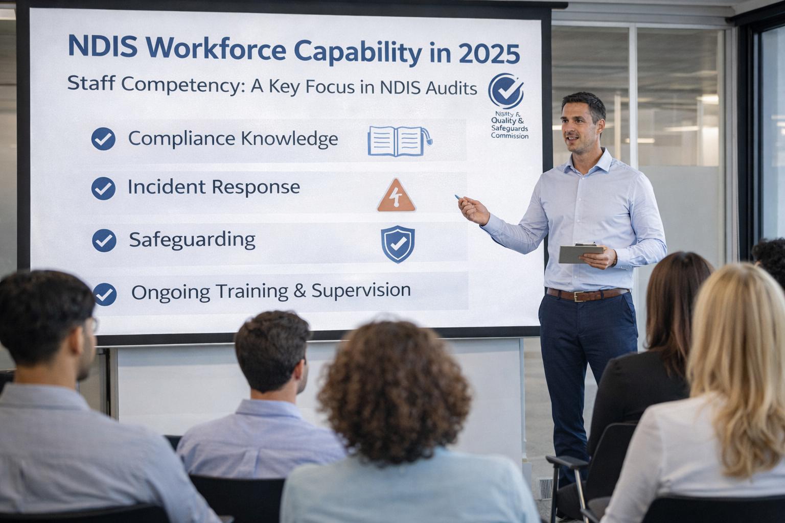 &ldquo;NDIS providers participating in a workforce capability and compliance training session in 2025, focusing on staff competency, safeguarding, and audit readiness.&rdquo;